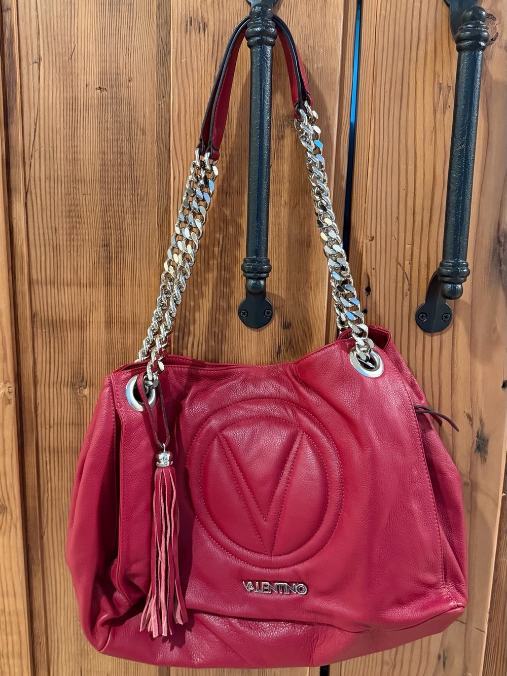 Valentino Red Leather Shoulder Bag with Tassel and Chain Straps
